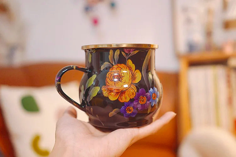 French Retro Enamel Water Cup Flower Enamel Mug Painted Coffee Cup Breakfast Cup 550ML Tea Cup Vase Home Decoration Craft Gift