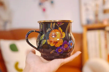 French Retro Enamel Water Cup Flower Enamel Mug Painted Coffee Cup Breakfast Cup 550ML Tea Cup Vase Home Decoration Craft Gift