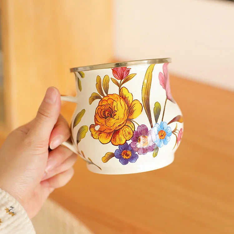 French Retro Enamel Water Cup Flower Enamel Mug Painted Coffee Cup Breakfast Cup 550ML Tea Cup Vase Home Decoration Craft Gift