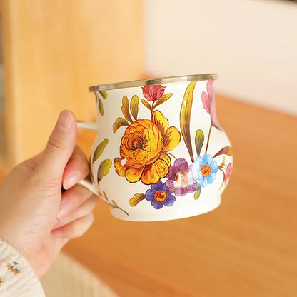 French Retro Enamel Water Cup Flower Enamel Mug Painted Coffee Cup Breakfast Cup 550ML Tea Cup Vase Home Decoration Craft Gift
