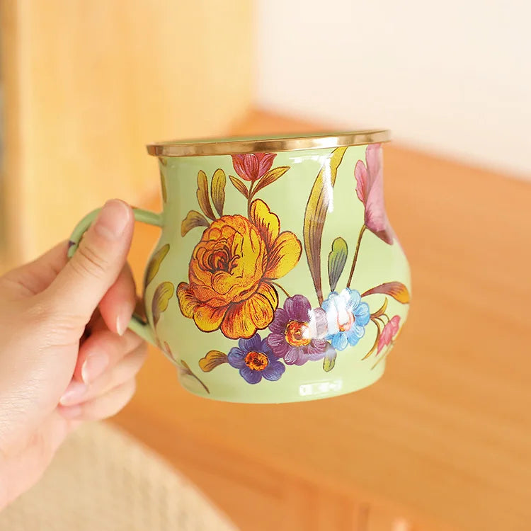 French Retro Enamel Water Cup Flower Enamel Mug Painted Coffee Cup Breakfast Cup 550ML Tea Cup Vase Home Decoration Craft Gift