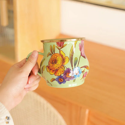 French Retro Enamel Water Cup Flower Enamel Mug Painted Coffee Cup Breakfast Cup 550ML Tea Cup Vase Home Decoration Craft Gift