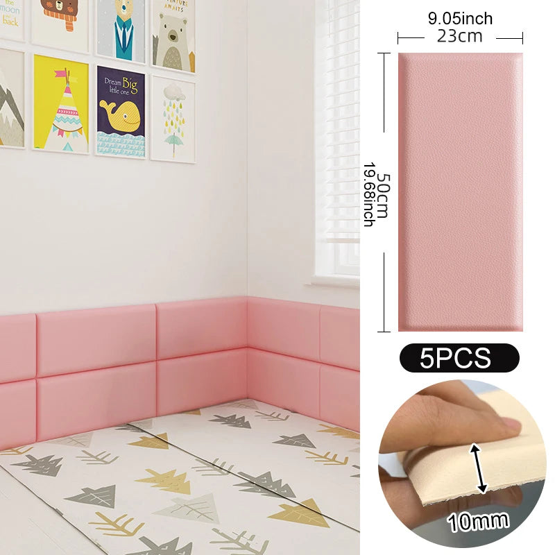 5PCS 3D Soft Wall Panel Safe Anti-Collision Wall Pad Self Adhesive Leather Rectangular Peel and Stick Headboard for Kids Bedroom