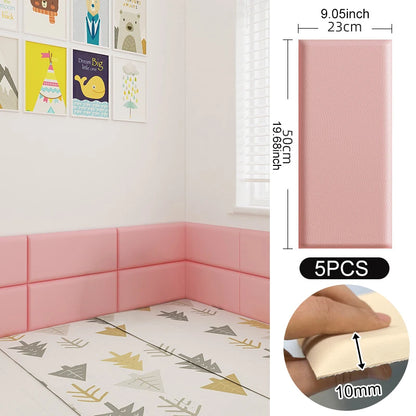 5PCS 3D Soft Wall Panel Safe Anti-Collision Wall Pad Self Adhesive Leather Rectangular Peel and Stick Headboard for Kids Bedroom