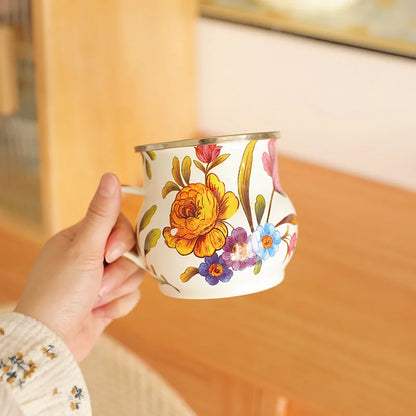 French Retro Enamel Water Cup Flower Enamel Mug Painted Coffee Cup Breakfast Cup 550ML Tea Cup Vase Home Decoration Craft Gift